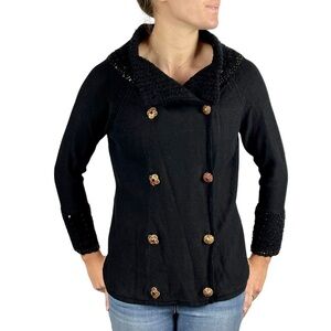 BEREK RHINESTONE CRYSTAL BUTTON DOUBLE BREASTED COTTON KNIT CARDIGAN SWEATER